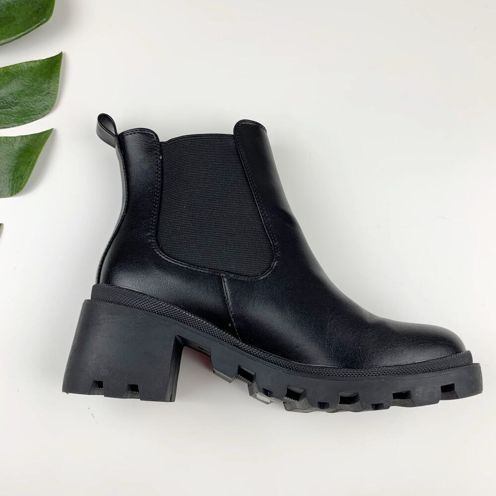 Lulus Waylen Chunky Chelsea Boots Black Faux Leather Ankle Lug Sole Women's 7.5 - Picture 9 of 11